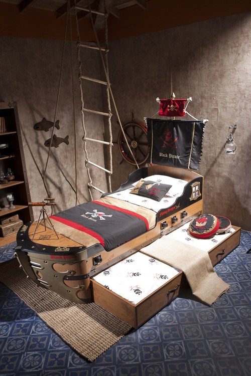 Trundle Pirate Bed , Pirate Flags, Rope Ladder, Pirate Bedding and Jutte Rug